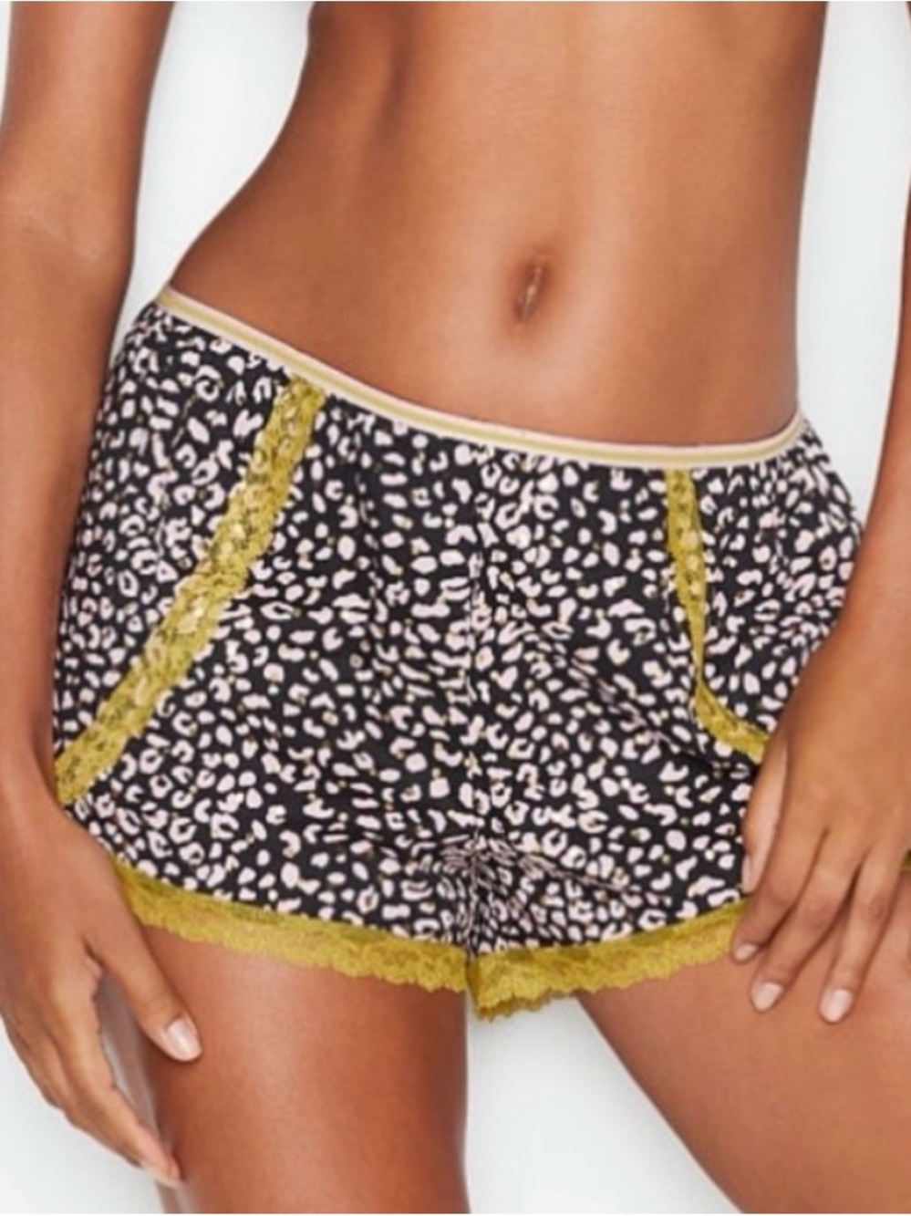 Victoria Secret Lace-Trim Animal Print Sleep Shorts in Black & Gold size small
